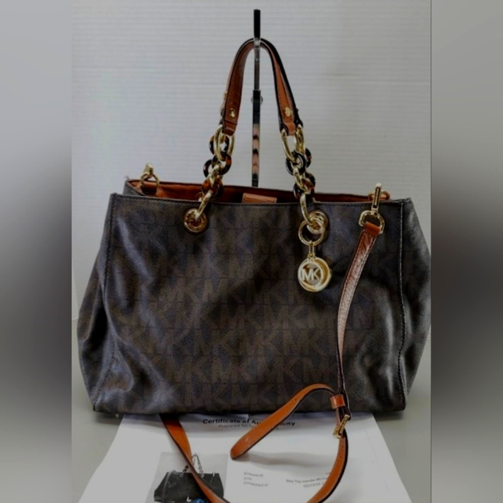 Michael Kors "CYNTHIA SATCHEL" Brown Leather Trim Tote